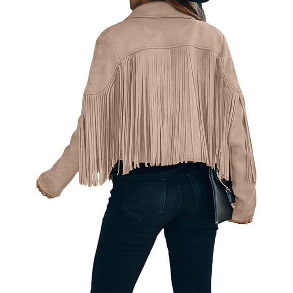 Women's Apricot Trendy Fall Western Fringe Cropped Faux Suede Leather Jackets - Picture 3 of 3